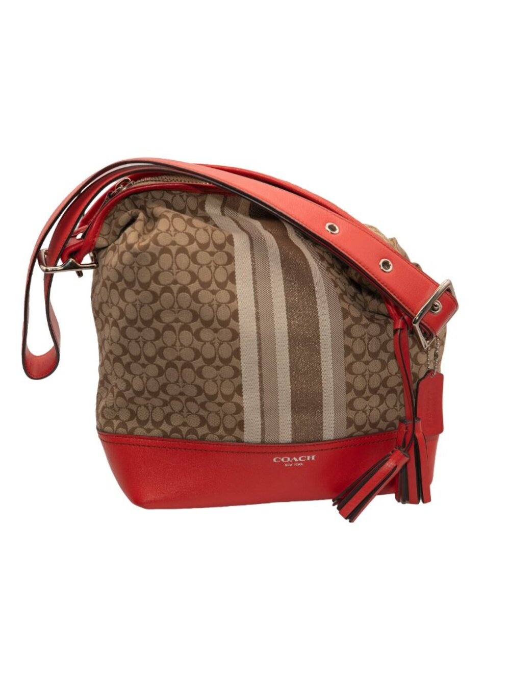 Vintage Coach Signature Canvas Shoulder Bag, Beige Coral Leather Trim, 90s Desig
